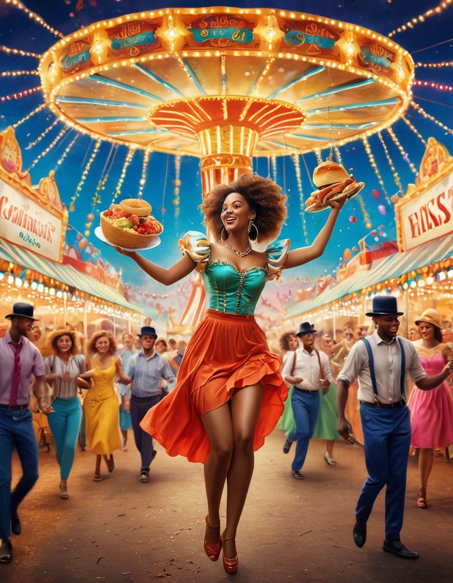 A lively carnival scene depicting people enjoying various leisure activities like dancing, playing games, and indulging in delicious foods. Bright colors and cheerful expressions create an atmosphere of joy, with lively decorations and lights in the background symbolizing celebration. Elements of music and entertainment, such as musicians and performers, add energy to the composition. super-realistic. vibrant colors. dynamic composition.