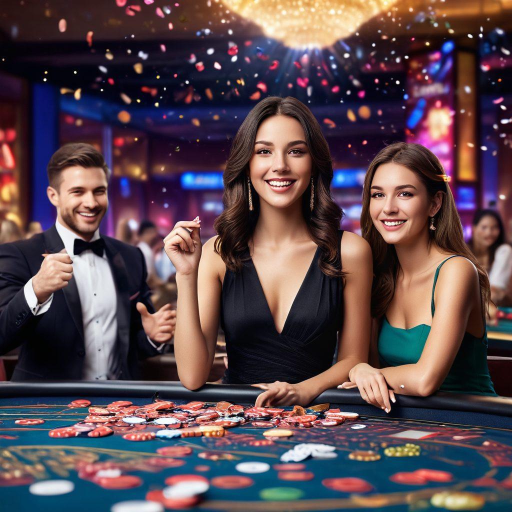 A vibrant casino scene featuring a lively Baccarat table with players joyfully celebrating their wins. Bright confetti falls from above, and colorful lights illuminate the atmosphere, creating a sense of festive excitement. Incorporate elements of cheerful vibes, such as smiling faces and sparkling drinks. Capture the essence of happiness in a playful and engaging manner. super-realistic. vibrant colors. cinematic lighting.