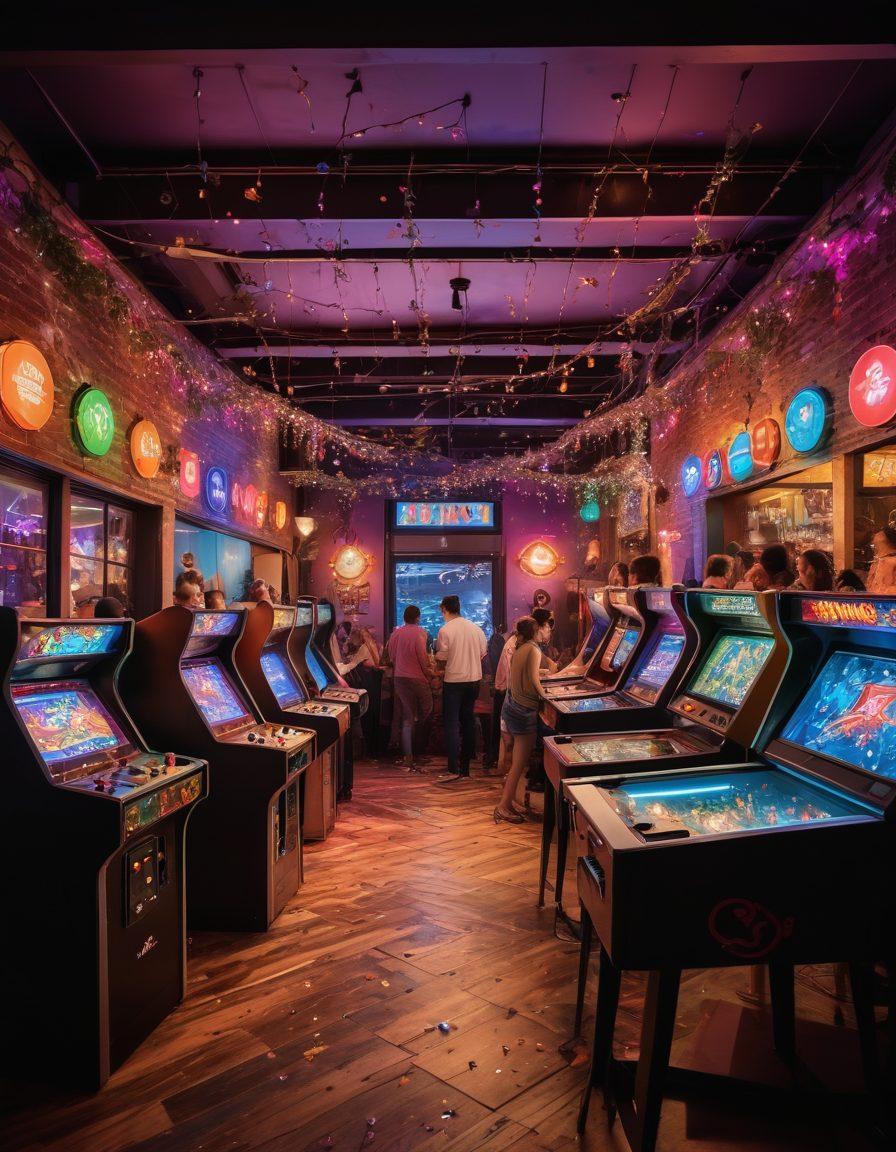 A lively scene depicting a vibrant Bacchanal gaming environment, filled with colorful lights and joyful people celebrating. Include elements of classic gaming like vintage arcade machines, festive decorations, and cheerful characters immersed in gameplay, surrounded by playful confetti and laughter. The atmosphere should evoke excitement and bliss, with a blend of gaming and entertainment themes. super-realistic. vibrant colors. bustling party atmosphere.